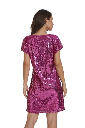 Image of Women's Crewneck Sequin Shift Dress Short Sleeve Casual Holiday Sparkly Party Dress