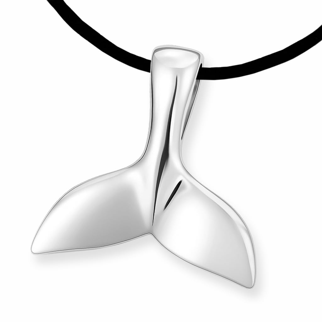 Set of Silver Men's Women's Necklace Pendant Whale Fin 20 x 17 mm on Both Sides Plastic Shape High Gloss Polished Sterling Silver 925 with Black Leather Strap in Gift Box