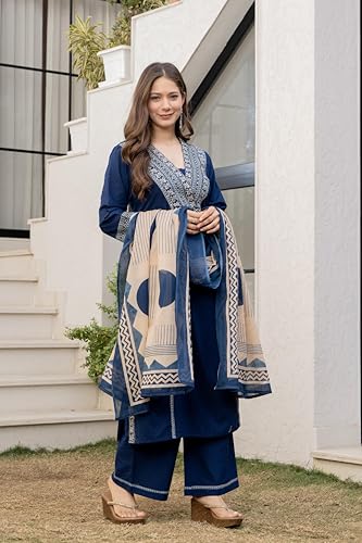 Image of MEERA FAB Women Floral Printed Pure Cotton Straignt V-Neck Kurta with Trousers & Dupatta