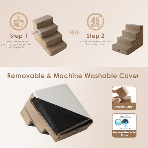 Image of EHEYCIGA Dog Stairs for Bed 18 inch H, 4-Step Dog Steps for High Bed, Pet Steps for Small Dogs and Cats, Non-Slip Balanced Pet Ramp Indoor, Camel