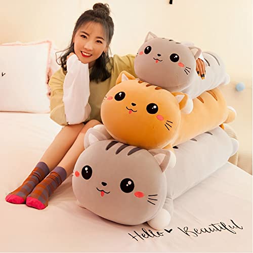Image of Tickles Cat Soft Stuffed Plush Bolster Pillow Toy for Kids Birthday Gift (Size: 65 cm; Color: Grey)