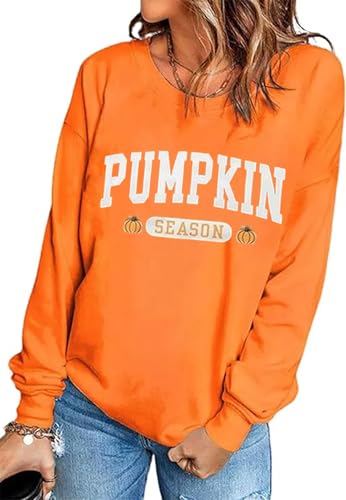 MHTOR Its Fall Yall Leopard Plaid Dot Pumpkin Sweatshirt Womens Halloween Long Sleeve Casual Pullover Tops(Medium Orange-07)