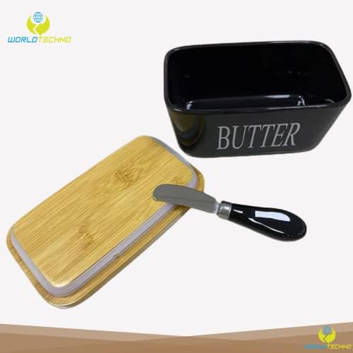 World Techno Ceramic Butter Dish with Wooden Lid - Covered Butter Keeper with Butter Knife, Airtight Butter Container with Cover Perfect for 2 Sticks of Butter West or East Coast Butter (Black)