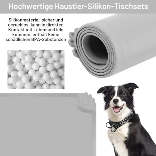 TNOMSNO 2 Stück Napfunterlage für Hund & Katze, 48x30cm Set Silikon Hundenapf Unterlage Wasserdichte Rutschfeste Fütterungsmatte in Schwarz&Grau