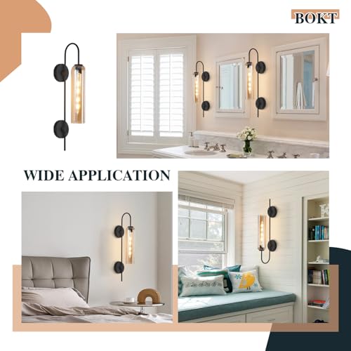 Image of BOKT Modern 1-Light Wall Sconce Lighting Farmhouse Matte Black Metal Wall Mounted Light Hardwired Indoor Long Tube Glass Wall Sconce Vintage Bedroom Bar Wall Lamp (Amber)