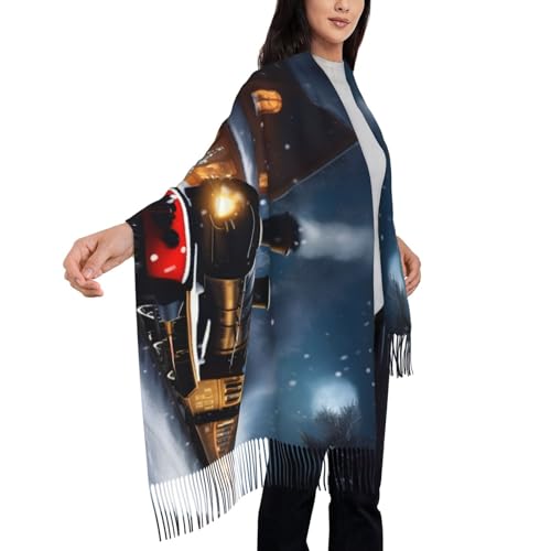 Winter Christmas Snow Night Railway Train Print Tassel Scarf For Women Men,Soft Scarf Shawl For Winter Fashion, Lightweight Scarf Shawl4