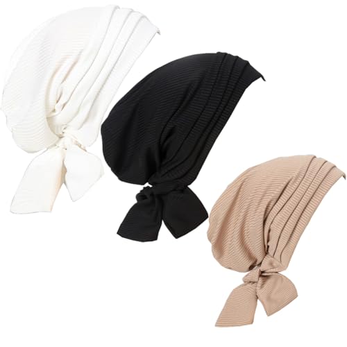 ® 3Pack Four Bars Turban Hijab Hats Long Tail Head Wraps Muslim Hats Chemo Cap for Women