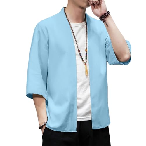 Image of PRIJOUHE Men's Kimono Jackets Cardigan Lightweight Casual Cotton Blends Linen Seven Sleeves Open Front Coat Outwear