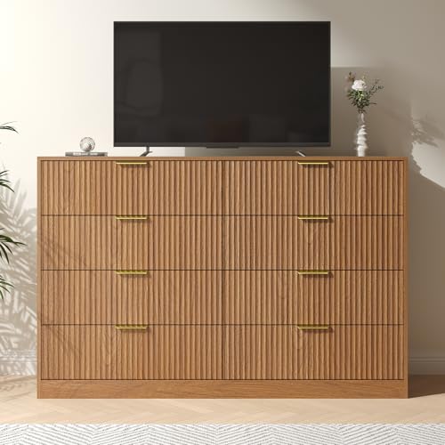 Image of Fluted Dresser for Bedroom with 8 Drawer, 55 inch Wide Wooden Dresser Mid Century Chest of Drawers w /Gold Handle, Fluted Dressers TV Stand Closet Storage Organizer for Living Room, Natural Oak