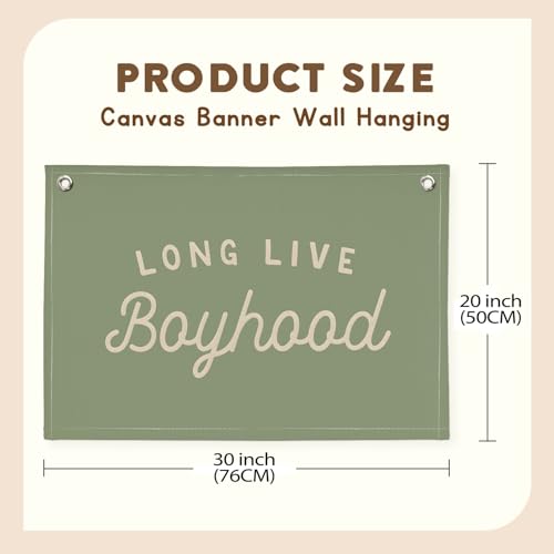 Image of Long Live Boyhood Boys Room Decor, Sage Green Nursery Playroom Toddler Boy Linen Canvas Banner Wall Hanging Flag Baby Little Boy Kids Teen Room Bedroom Decorations, 30x20 Inch