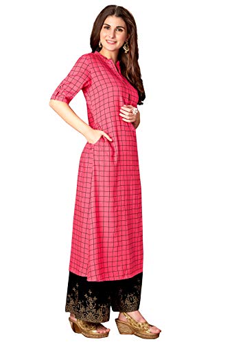 Image of KIMISHA Pink Rayon Cotton Printed A-Line Kurti With Pocket