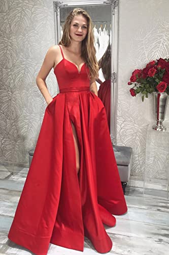 GUKARLEED Women's Ruched Satin Prom Dresses High Slit Long Formal Dress V Neck Corset Ball Gowns Evening Dress with Pockets3