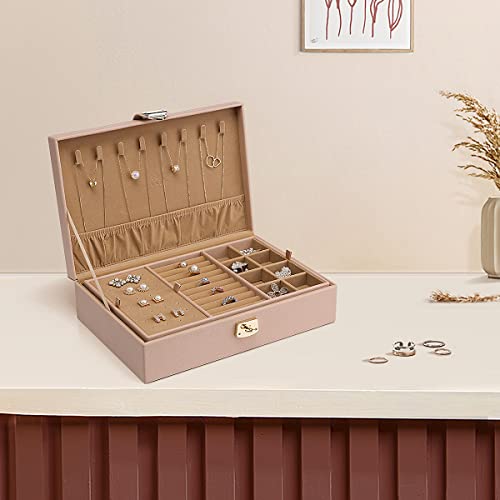Vlando Jewelry Box For Women Girls, 2 Layer Large Jewelry Organizer Storage Case, Pu Leather Display Jewellery Holder With Removable Tray For Necklace Earrings Rings Bracelets, Home Decor Gifts,Beige #TOP25