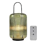 【GLATTISCH-BATTERIE-LAMPE】- Die Tischlampe besteht aus einem prägnanten schwarzen Metallsockel mit einer LED-Lampe mit einem verlängerten gewölbten Griff und einem bernsteingrünen offenen Glasschirm, auf dem vertiefte vertikale Streifen ein mysteriöses Gefühl von Charme erzeugen. Der gut strukturierte Glaslampenschirm verleiht einen wunderschönen Touch zu jedem Raum.