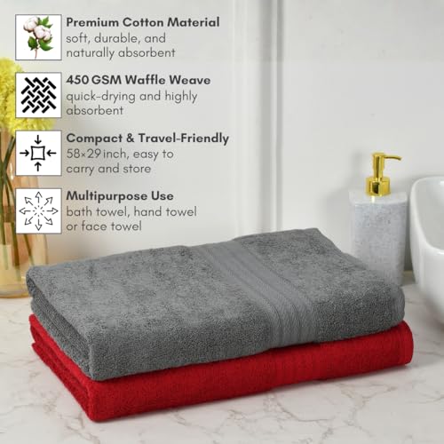 Image of Mafatlal Joy Bath Towel Large Size for Men - Pack of 2 | 58 x 29 inch | Soft Cotton | Quick Dry & Highly Absorbent | 450 GSM | Gray N Red