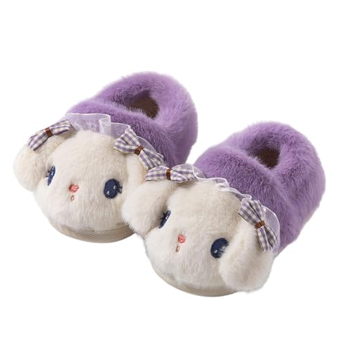 Pantuflas de felpa cálidas y lindas para niñas, diseño de conejo de dibujos animados, suaves, acogedoras, para niños, para invierno, duraderas, 02 Morado, 20 EU