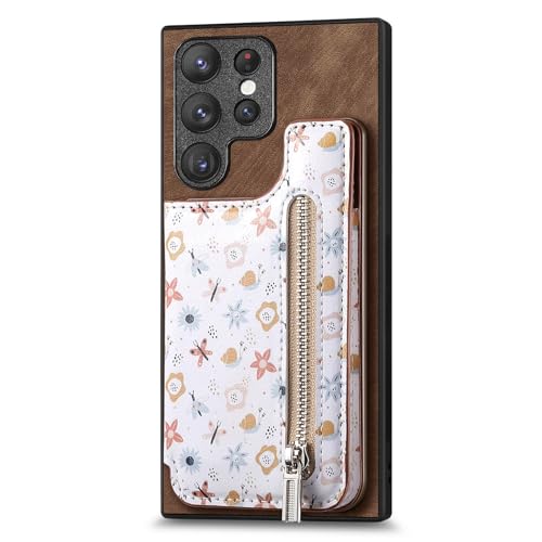 Coque cuir Samsung S25+ marron protectrice au design floral haut de gamme