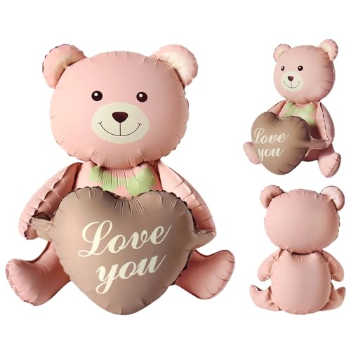 Image of Atpata Funky Sitting Teddy Bear Love You Heart Jumbo Foil Balloon Decoration for Valentine Day, Baby Showers, Baby Arrivals, Love, Spouse Birthday, etc. (Pink)
