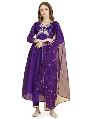 Ensemble Anarkali violet en taille L avec kurta brodé, culotte et dupatta assortis pour femme