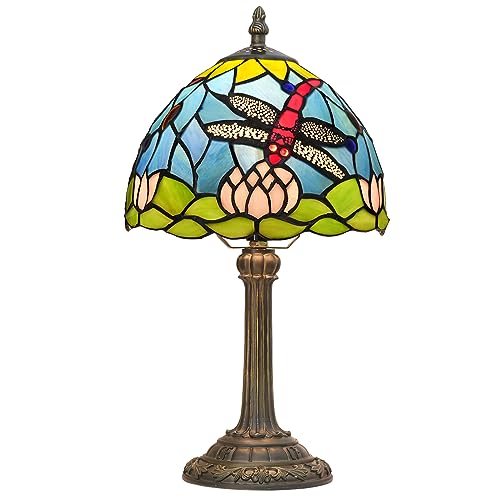 Lampada Tiffany di Vetro Colorato Fiore di Loto Dragonfly - Lampada da Tavolo per Soggiorno e Camera da Letto - Comodino Blu Piccolo - Luce Notturna Carina per Bambini