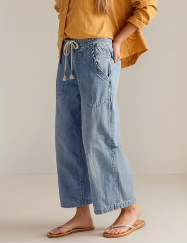 Womens Wide Leg Jeans Mid Rise Drawstring Ankle Baggy Casual Elastic Denim Pants Fashion Boyfriend Jeans4
