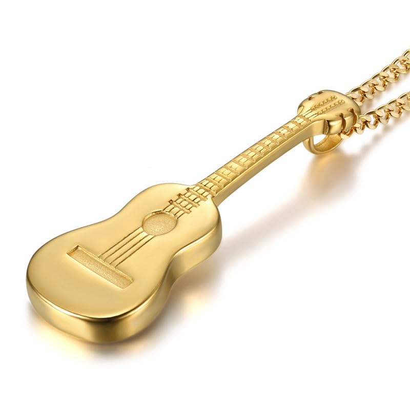 LE BAGACIER - Pendentif Guitare Voyageur Gipsy Acier Plaqué Or + Chaîne