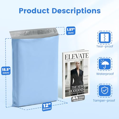 Image of Metronic Poly Mailers 12x15.5 50PC Shipping Bags for Clothing Light Blue | Medium Size Self-Seal Mailing Poly Bags Shipping Envelopes for Clothes, Durable Plastic Package Bags for Shipping Apparel