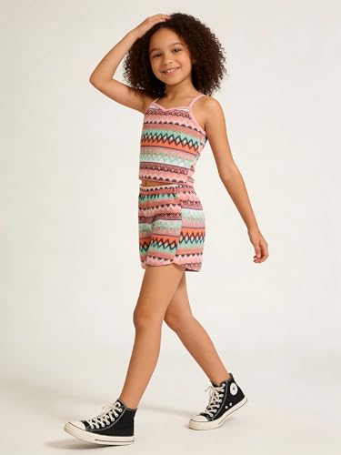 Image of Kids Toddler Girls Summer Clothes Button Design Striped Tank Top + Floral-Print Elastic Shorts 2 Piece Outfits