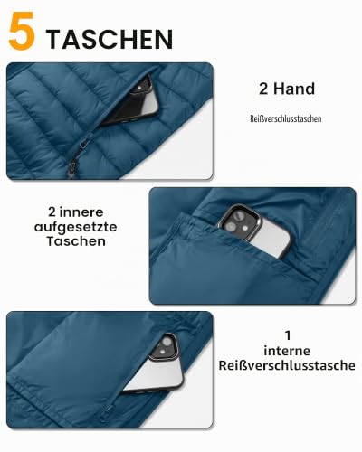 33,000ft Herren Packbare Steppweste Outdoor Gefütterte Hybrid Sportwesten mit Stehkragen Outdoorwesten mit 5 Taschen Übergangswesten für Männer Laufen Golf Wandern Reiten, Petrol XL