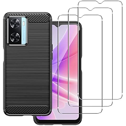carinacoco Case for Oppo A57s/A57 4G with 3 Tempered Glass Screen Protector, Soft TPU Carbon Fiber Texture Shockproof Bumper Anti-Drop Rugged Cover, Ultra Slim Anti-Scratch Phone Case, Black Cover