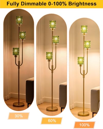 Image of 66IN Glass Floor Lamp 3-Lights Modern Gold Dimmable Floor Lamps with 3000K Warm White Bulbs for Wedding Party Tall Standing Lamp with Green Glass Shade for Living Room /Bedroom /Home Decor