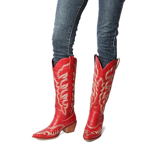 MEOTINA Cowgirl Boots Women Wide Calf Cowboy Booties Womens Square Toe Tall Western Boot Ladies Embroidered Wedding Shoes3