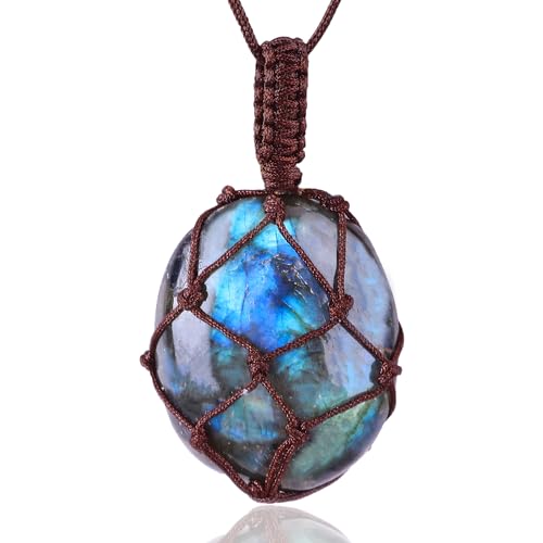 UFEEL 1pc Natural Labradorite Healing Crystal Stone Dragon's Heart Necklace Hand Woven Black Braid Moonstone Pendant Energy Balancing Necklace Gift in Festivals
