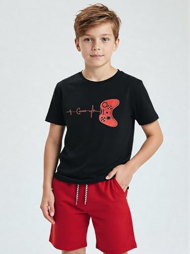 Image of SOLY HUX Boy's Letter Graphic Short Sleeve Tee Shirt and Drawstring Waist Shorts Set 2 Piece Outfit