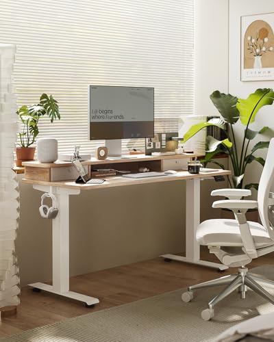 Image of FEZIBO 48 x 24 Inch Height Adjustable Electric Standing Desk with Double Drawer, Stand up Home Office Computer Desk with 4 Height-Adjustable Feets & 2 Hooks,Maple