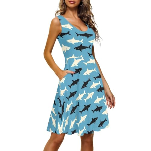 Image of Women Stylish Tank Dresses Sleeveless Round Neck Midi Casual Dress with Pocket for Summer