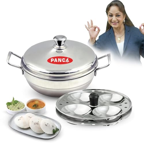 Image of PANCA Stainless Steel Multi Purpose Kadai with Steel Lid, Idli Maker 2 Idli Plate 8 Cavity Idli Cooker Stainless Steel Idly Pot with Steamer (2 Plate 8 Cavity)