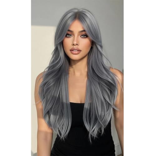 Women Long Wavy Layered Synthetic Wig With Side Bangs Natural