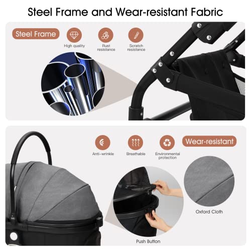 3-in-1 Pet Strollers for Small Medium Dogs Cat with Detachable Carrier Foldable Travel Pet Gear Stroller (Black & Gray)