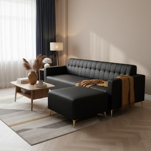 Image of SOCOZI Anton 4 Seater L Shape Sofa Set with Movable Ottoman | Flexible Left or Right Layout | Premium Leatherette with Golden Metal Legs |Sofa for Living Room (Black Leatherette)