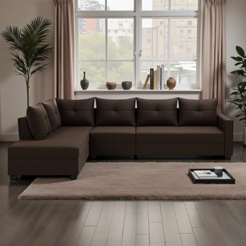 Image of SOCOZI Oriana 6 Seater LHS L Shape Sofa Set | Soft Velvet Suede Fabric | Modern Design | Plush Comfort Cushions for Living Room (Dark Brown)