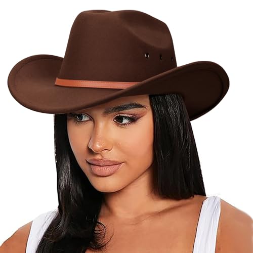 Image of DRESHOW Cowboy Hat for Women and Men Western Felt Cowboy Cowgirl Hat Wide Brim Belt Buckle Retro Fedora Hats Unisex Caps