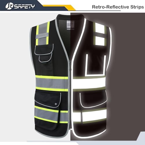 Image of JKSafety 9 Pockets Hi-Vis Black Safety Vest for Men Women High Visibility Reflective Construction Mesh Fabric Cushioned Collar Work Utility PPE Work Gear ANSI /ISEA compliant(101-Black XXL)