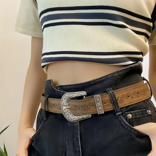 Western Belt for Women – Vintage Cowgirl Boho Belt with Country Style Engraved Buckle for Jeans Pants Dresses2