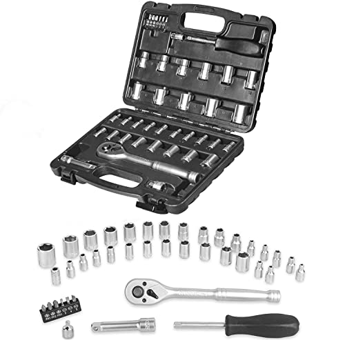 WESCO Auto KFZ Steckschlüsselsatz Steckschlüssel Satz Schraubenschlüssel Ratschen Ratschenschlüssel Set car Socket Sets 1/4" und 3/8" 72-Zahn-Umschaltknarre Sechskant Bits Aufsätze 40 -tlg. mit Koffer Cover