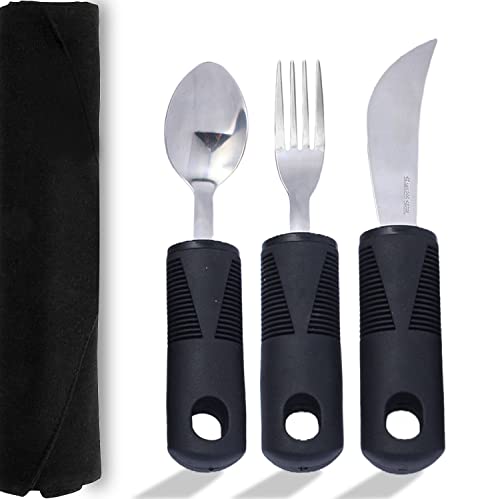 Elder Essentials Adaptive Utensils 3-Piece Wide and Non-Weighted Kitchen Set with Travel Bag, Non-Slip Handles for Arthritis, People with Limited Dexterity or Elderly Use - Black