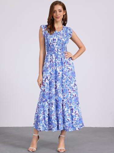 Image of Seta T Women's Summer Dresses Casual Ruffle Sleeveless V Neck Floral Sundress Flowy Smocked Beach Maxi Dress