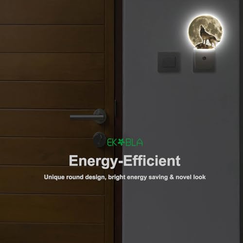 Image of EKOBLA Black Wolf Night Light, Wolf on Cliff Under Full Moon Night Lights Plug Into Wall with Auto Sensor for Bedroom and Staircase