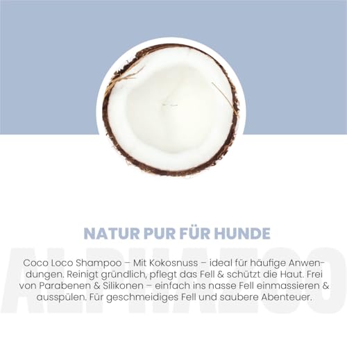 alphazoo Coco Loco Shampoo für Hunde 250 ml – Mildes Hundeshampoo mit Kokosnussfruchtextrakt. Sanfte Reinigung & glänzende Pflege für Fell & Haut. Frei von Parabenen und Silikonen.