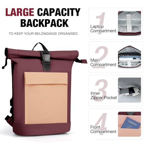 Lekeinchi Rolltop Rucksack Damen & Herren, Elegant Laptop Rucksack Wasserdicht mit 17 Zoll Laptopfach, Großer Reiserucksack Tagesrucksack Schulrucksack für Reisen, Uni Schule, Arbeit - Rotwein